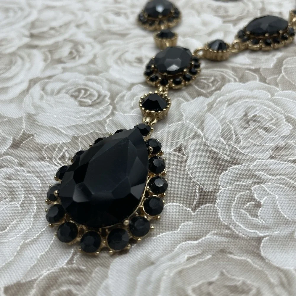 Necklace‎ & Dangle Earrings Gold Tone Black Faceted Teardrop Adjustable Fashion